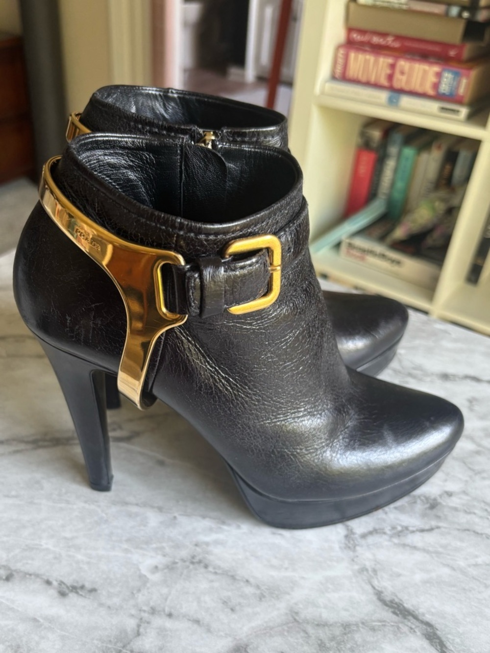 Prada Black Stiletto Leather Ankle Booties with Gold Stirrup Hardware Size 37